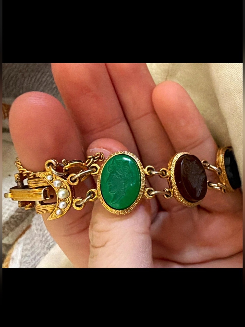 Gold-Tone Cameo Link Bracelet with Green and Brown Cameos